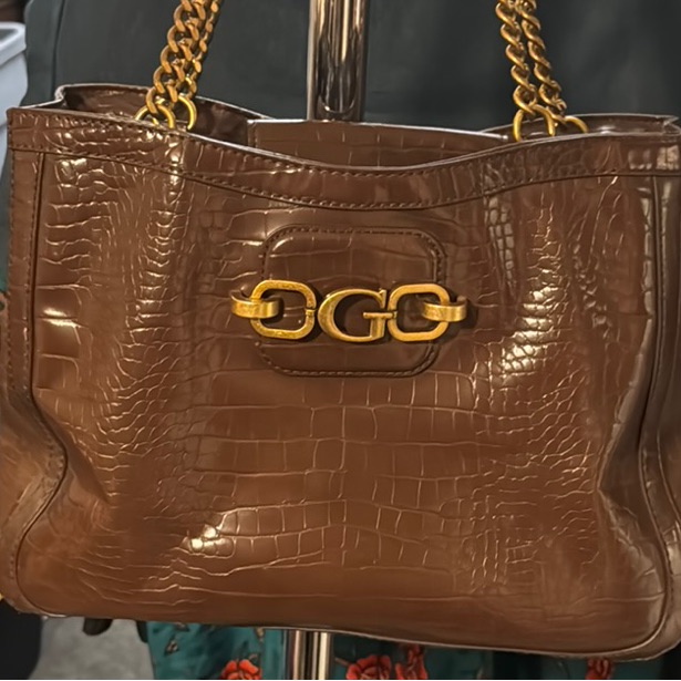 Guess Brown Croc-Embossed Shoulder Bag With Gold Chain